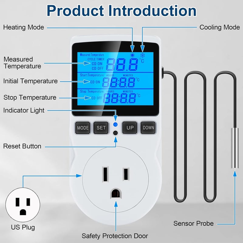 MakerHawk Digital Temperature Controller Thermostat Timer - Reptile Thermostat Controller Day Night Timer 1800W 120V 15A Temperature Controlled Outlet Plug Heating Cooling Control with Sensor （TC816） - Image 3